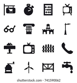 16 vector icon set : shop signboard, stopwatch, abacus, tv, column, fort, outdoor light, restaurant, fence, hand mill, windmill, farm fence, water tap