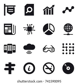 16 vector icon set : shop signboard, search document, diagram, graph, newspaper, chip, globe connect, server, cloud wireless, smart glasses, signpost, info, no smoking