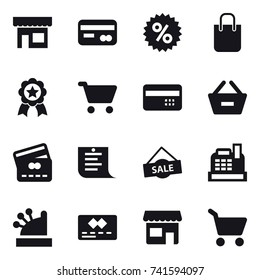 16 vector icon set : shop, card, percent, shopping bag, medal, cart, credit card, remove from basket, shopping list, sale, cashbox
