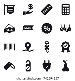 16 vector icon set : shop signboard, investment, sale, calculator, percent, barcode, do not distrub, pear