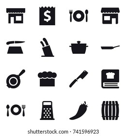 16 vector icon set : shop, receipt, cafe, cutting board, stands for knives, pan, chef  hat, chef knife, hot pepper, barrel