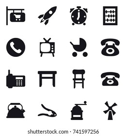 16 vector icon set : shop signboard, rocket, alarm clock, abacus, phone, tv, baby stroller, stool, chair, kettle, walnut crack, hand mill, windmill