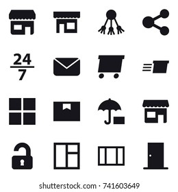 16 vector icon set : shop, share, 24/7, mail, delivery, window, unlocked, door