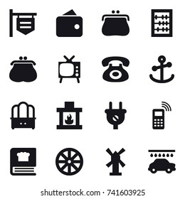 16 vector icon set : shop signboard, wallet, purse, abacus, tv, dresser, fireplace, wheel, windmill, car wash