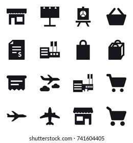 16 vector icon set : shop, billboard, presentation, basket, account balance, store, shopping bag, atm receipt, journey, mall, plane, airplane, cart