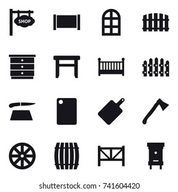 16 vector icon set : shop signboard, fence, arch window, chest of drawers, stool, crib, cutting board, axe, wheel, barrel, farm fence, hive