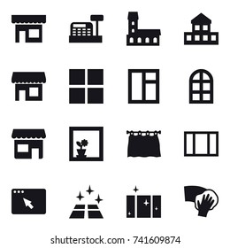 16 vector icon set : shop, cashbox, mansion, cottage, window, arch window, flower in window, curtain, clean floor, clean  window, wiping