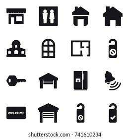 16 vector icon set : shop, wc, home, mansion, arch window, plan, do not distrub, key, garage, fridge, bell, welcome mat, please clean