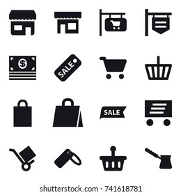 16 vector icon set : shop, shop signboard, money, sale, cart, basket, shopping bag, delivery, turk