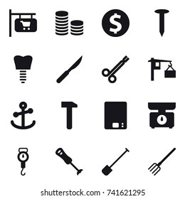 16 vector icon set : shop signboard, coin stack, dollar coin, nail, kitchen scales, handle scales, shovel, fork