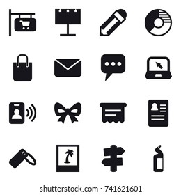 16 vector icon set : shop signboard, billboard, pencil, circle diagram, shopping bag, mail, message, notebook, pass card, bow, atm receipt, photo, signpost, toilet cleanser