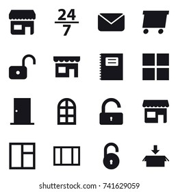 16 vector icon set : shop, 24/7, mail, delivery, unlock, copybook, window, door, arch window, package