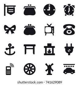 16 vector icon set : shop signboard, purse, clock, alarm clock, bow, tv, stool, fireplace, wheel, windmill, car wash