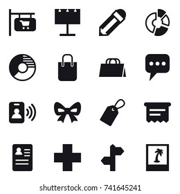 16 vector icon set : shop signboard, billboard, pencil, circle diagram, shopping bag, message, pass card, bow, label, atm receipt, photo
