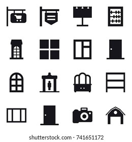 16 vector icon set : shop signboard, billboard, abacus, building, window, door, arch window, detector, dresser, rack, barn