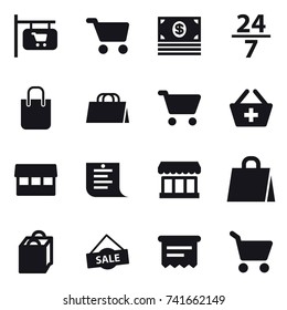 16 vector icon set : shop signboard, cart, money, 24/7, shopping bag, add to basket, market, shopping list, sale, atm receipt