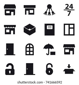 16 vector icon set : shop, share, 24/7, box, copybook, window, door, arch window, unlocked, package