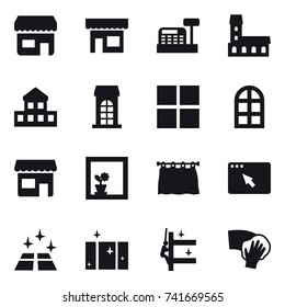 16 vector icon set : shop, cashbox, mansion, cottage, building, window, arch window, flower in window, curtain, clean floor, clean  window, skyscrapers cleaning, wiping