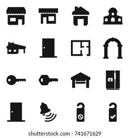 16 vector icon set : shop, home, mansion, house with garage, door, plan, arch, key, garage, fridge, bell, do not distrub, please clean