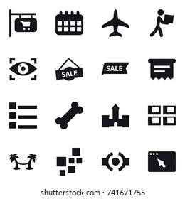 16 vector icon set : shop signboard, calendar, plane, courier, eye identity, sale, atm receipt, list, castle, panel house, palm hammock