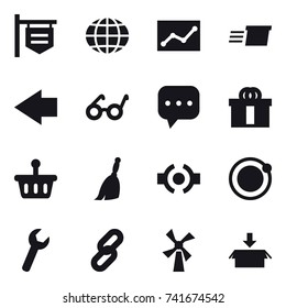 16 vector icon set : shop signboard, globe, statistic, delivery, left arrow, broom, windmill, package