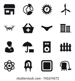 16 vector icon set : shop, circle diagram, sun power, windmill, drone, add to basket, underpants, district, speaker, fence, cutting board, vacuum cleaner
