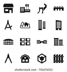 16 vector icon set : shop, store, greate wall, bridge, draw compass, project, skyscrapers, skyscraper, airport building, panel house, school, district, drawing compass, house, fence