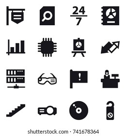 16 vector icon set : shop signboard, search document, 24/7, annual report, graph, chip, presentation, up down arrow, server, smart glasses, reception, stairs, do not distrub