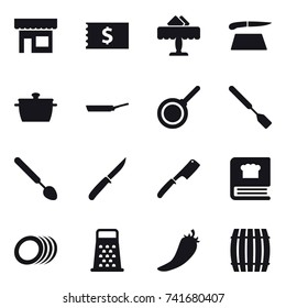 16 vector icon set : shop, receipt, restaurant, cutting board, pan, spatula, big spoon, knife, chef knife, hot pepper, barrel