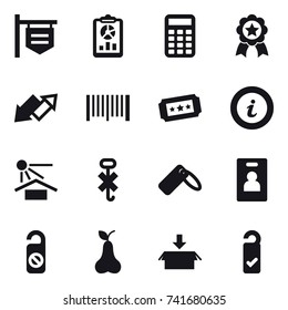 16 vector icon set : shop signboard, report, calculator, medal, up down arrow, barcode, ticket, info, identity card, do not distrub, pear, package, please clean