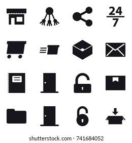 16 vector icon set : shop, share, 24/7, delivery, box, mail, copybook, door, unlock, package