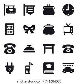 16 vector icon set : shop signboard, purse, clock, abacus, bow, tv, service bell, stool, phone, car wash