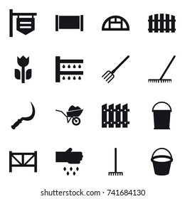 16 vector icon set : shop signboard, fence, greenhouse, watering, fork, rake, sickle, wheelbarrow, bucket, farm fence, sow