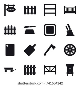 16 vector icon set : shop signboard, fence, rack, crib, cutting board, knife holder, axe, wheel, trailer, farm fence, hive