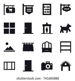 16 vector icon set : shop signboard, abacus, window, door, detector, dog, landscape, curtain, dresser, rack, barn