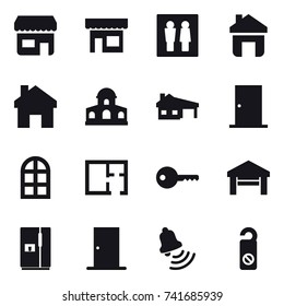16 vector icon set : shop, wc, home, mansion, house with garage, door, arch window, plan, key, garage, fridge, bell, do not distrub