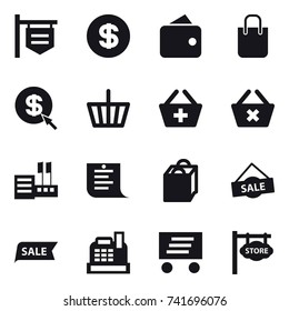 16 vector icon set : shop signboard, dollar, wallet, shopping bag, dollar arrow, basket, add to basket, delete cart, store, shopping list, sale, cashbox, delivery, store signboard