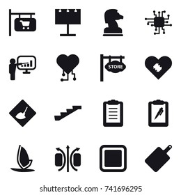 16 vector icon set : shop signboard, billboard, chess horse, chip, presentation, cardio chip, store signboard, under construction, stairs, windsurfing, cutting board