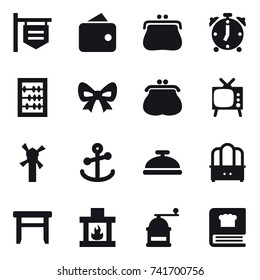 16 vector icon set : shop signboard, wallet, purse, alarm clock, abacus, bow, tv, windmill, service bell, dresser, stool, fireplace, hand mill
