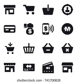 16 vector icon set : shop, cart, basket, target audience, card, money gift, phone pay, crypto currency, add to cart, remove from basket, delete cart, credit card