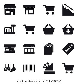 16 vector icon set : shop, cart, crisis, cashbox, basket, add to basket, market scales, market, shopping bag, sale label, sale, barcode