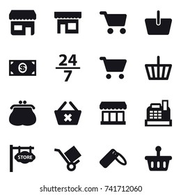 16 vector icon set : shop, cart, basket, money, 24/7, purse, delete cart, market, cashbox, store signboard