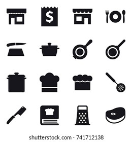 16 vector icon set : shop, receipt, cafe, cutting board, pan, cook hat, chef  hat, skimmer, chef knife