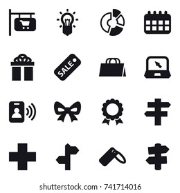 16 vector icon set : shop signboard, bulb, circle diagram, calendar, gift, sale, shopping bag, notebook, pass card, bow, medal, singlepost, signpost