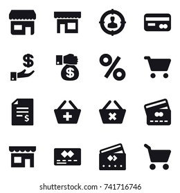 16 vector icon set : shop, target audience, card, investment, money gift, percent, cart, account balance, add to basket, delete cart, credit card