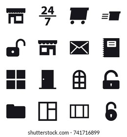 16 vector icon set : shop, 24/7, delivery, unlock, mail, copybook, window, door, arch window