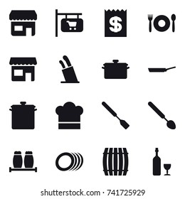 16 vector icon set : shop, shop signboard, receipt, cafe, stands for knives, pan, cook hat, spatula, big spoon, barrel, wine