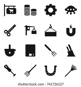 16 vector icon set : shop signboard, coin stack, gear, ufo, kitchen scales, big fork, knife holder, fork, horseshoe, rake