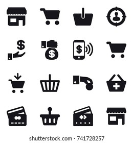 16 vector icon set : shop, cart, basket, target audience, investment, money gift, phone pay, add to cart, hand coin, add to basket, credit card