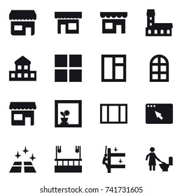 16 vector icon set : shop, mansion, cottage, window, arch window, flower in window, clean floor, skyscapers cleaning, skyscrapers cleaning, toilet cleaning